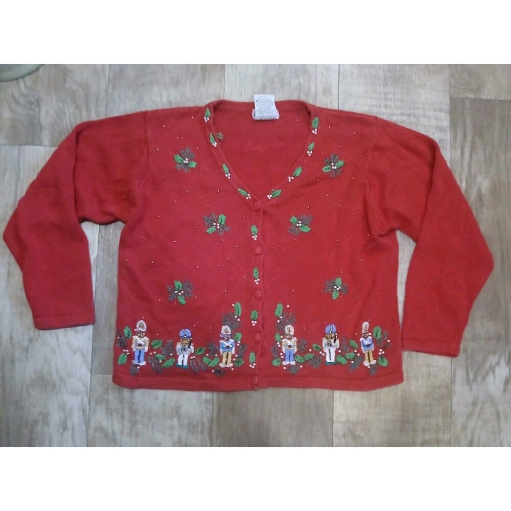 B.P. Design Christmas Cardigan Sweater Women's L Red Button 90s Vtg Nutcrackers